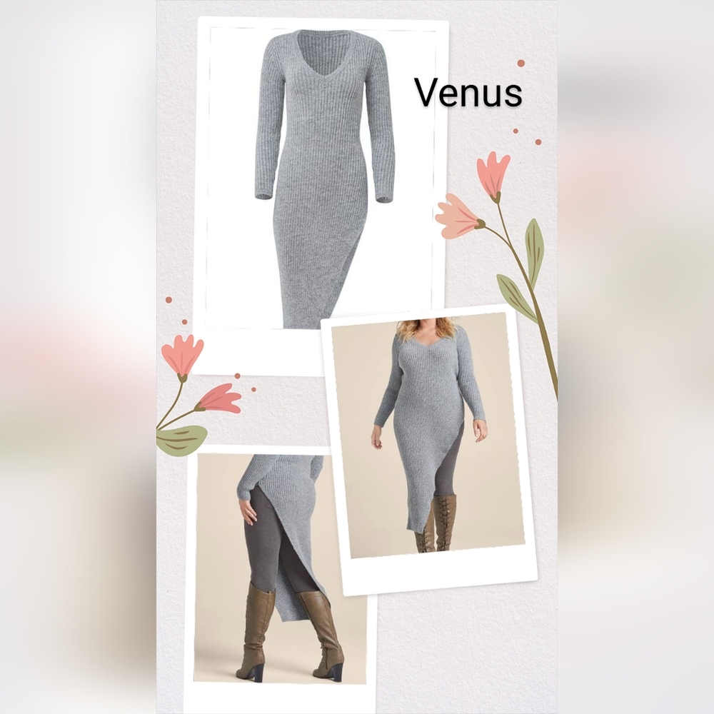 Venus Asymmetrical Maxi Gray Sweater Dress, Size 3X